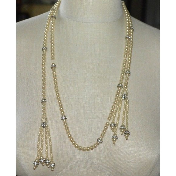 Vintage Jewelry - Faux Acrylic Pearl Clear Rhinestone Long Drape Dan